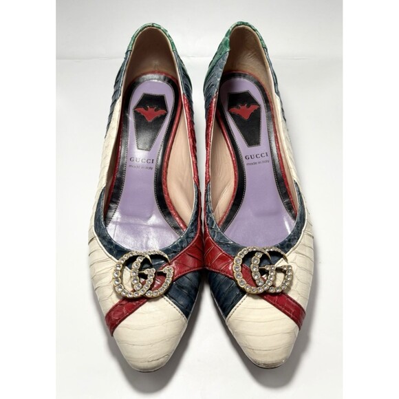 Gucci Snakeskin Crystal Double G Pumps Elaphe Heels White Green Red Sz 37.5 7.5 - Picture 1 of 15